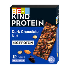 BE KIND Protein Dark Chocolate Nut multipack box showing nut studded bar and 12G protein label dark chocolate protein bars