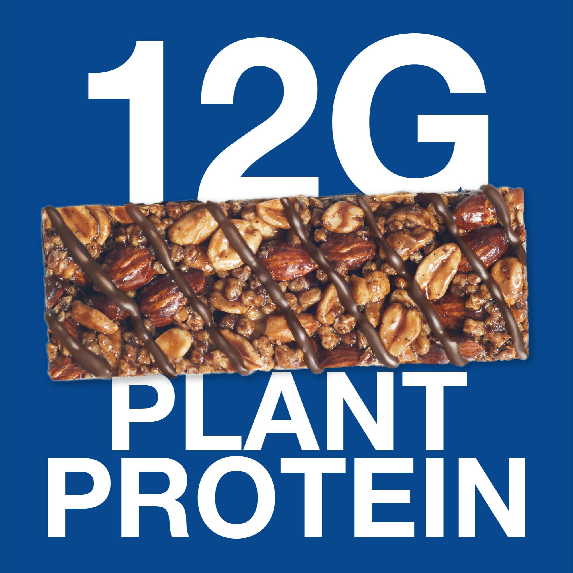 BE KIND plant protein bar with nuts and chocolate drizzle on blue background showing 12G plant protein dark chocolate protein bars