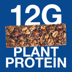 BE KIND plant protein bar with nuts and chocolate drizzle on blue background showing 12G plant protein dark chocolate protein bars