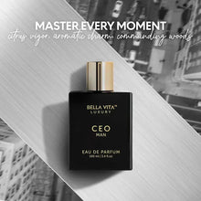 Bellavita CEO Man eau de parfum bottle, black square glass with gold striped cap