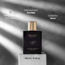 Bellavita CEO Man eau de parfum bottle on pedestal, black with gold cap and label