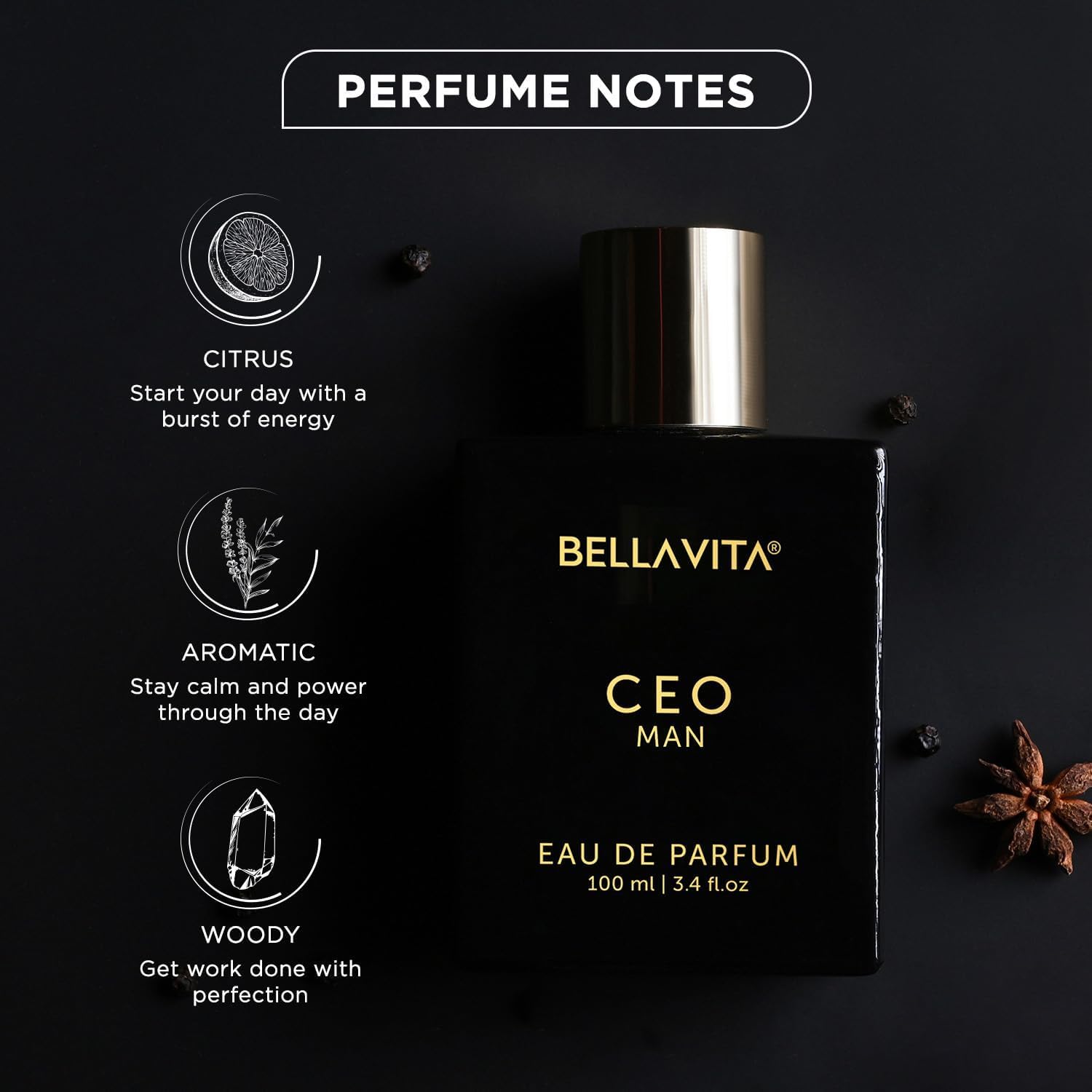 Bellavita CEO Man Eau de Parfum bottle with long-lasting woody fragrance for men and perfume notes