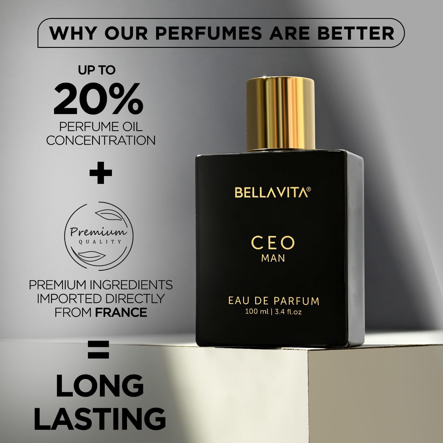 Bellavita CEO Man Eau de Parfum black bottle with gold cap long-lasting woody fragrance for men