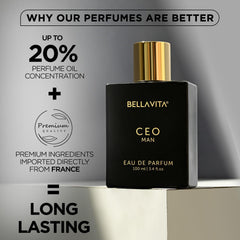 Bellavita CEO Man Eau de Parfum black bottle with gold cap long-lasting woody fragrance for men