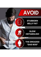 Belly fat warning infographic card with red icons and seated man at desk