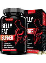 Belly fat burner supplement bottle with black and red label, UNALTERED logo