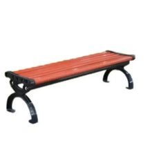 Outdoor garden bench with red slatted seat and black metal curved legs