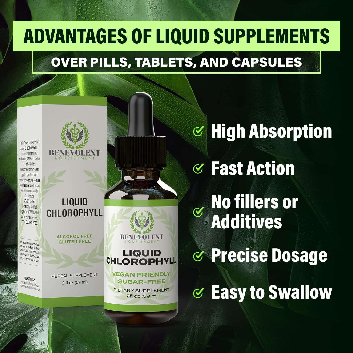 Benevolent Nourishment liquid chlorophyll bottle and box with benefits high absorption fast action chlorophyll liquid drops UAE