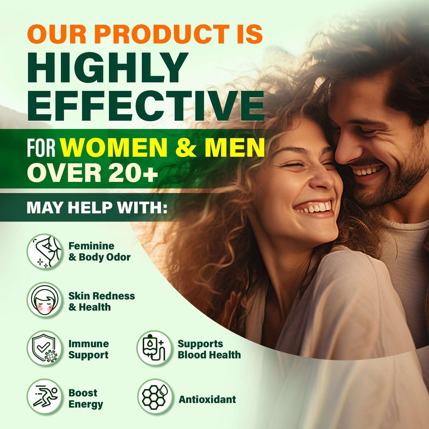 Benevolent Nourishment chlorophyll liquid drops UAE banner with smiling couple and icons for health benefits