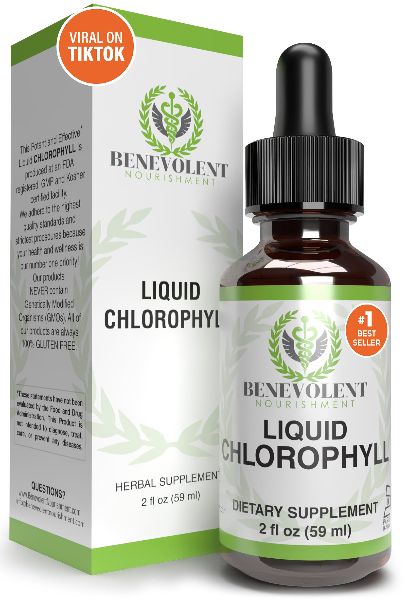 Benevolent Nourishment Liquid Chlorophyll supplement bottle and box 2 fl oz viral on TikTok chlorophyll liquid drops UAE