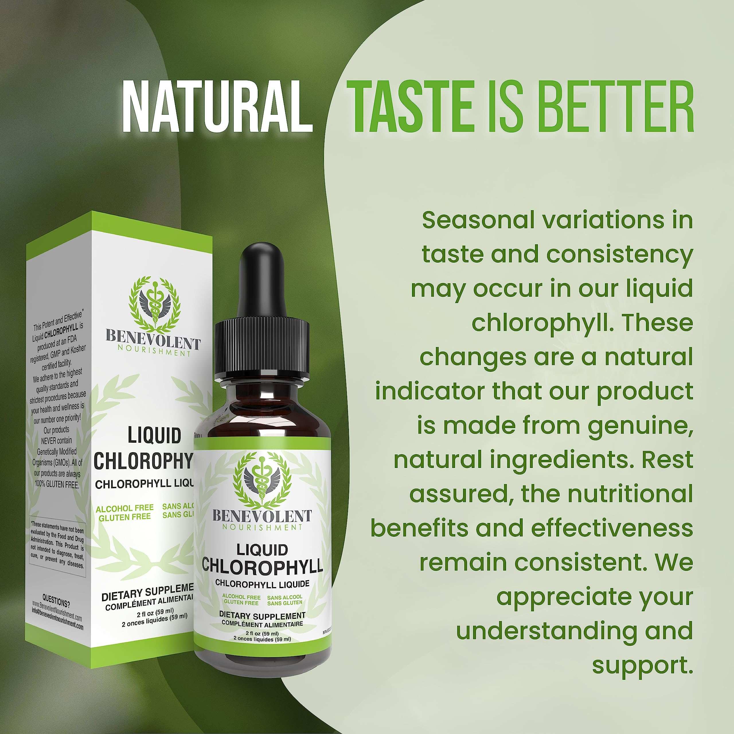 Benevolent Nourishment liquid chlorophyll bottle and box on green background with taste is better chlorophyll liquid drops UAE