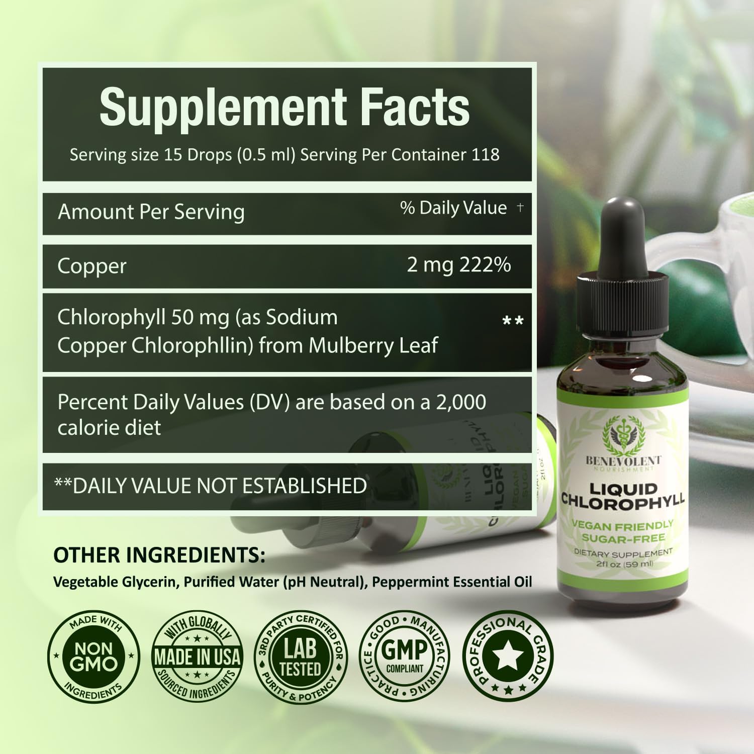 Benevolent Nourishment liquid chlorophyll bottle and supplement facts label 50 mg chlorophyll copper chlorophyll liquid drops UAE
