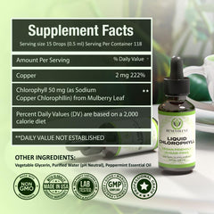 Benevolent Nourishment liquid chlorophyll bottle and supplement facts label 50 mg chlorophyll copper chlorophyll liquid drops UAE