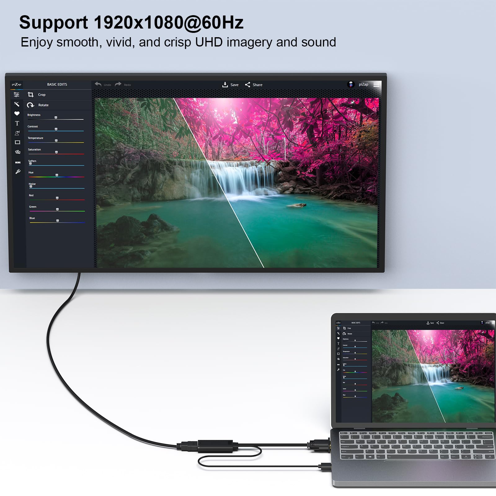 BENFEI 1080P VGA to HDMI converter with audio connected between laptop and large monitor displaying vivid image