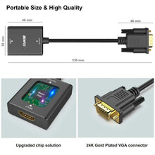 HDMI to VGA adapter with audio, compact black box and gold-plated VGA connector