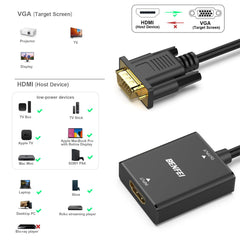 BENFEI HDMI to VGA adapter with audio showing HDMI input and VGA output connectors for connecting various devices