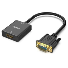 HDMI to VGA adapter with audio, black cable assembly with gold VGA connector