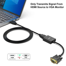 HDMI to VGA adapter with audio, long black cable with VGA plug and small converter