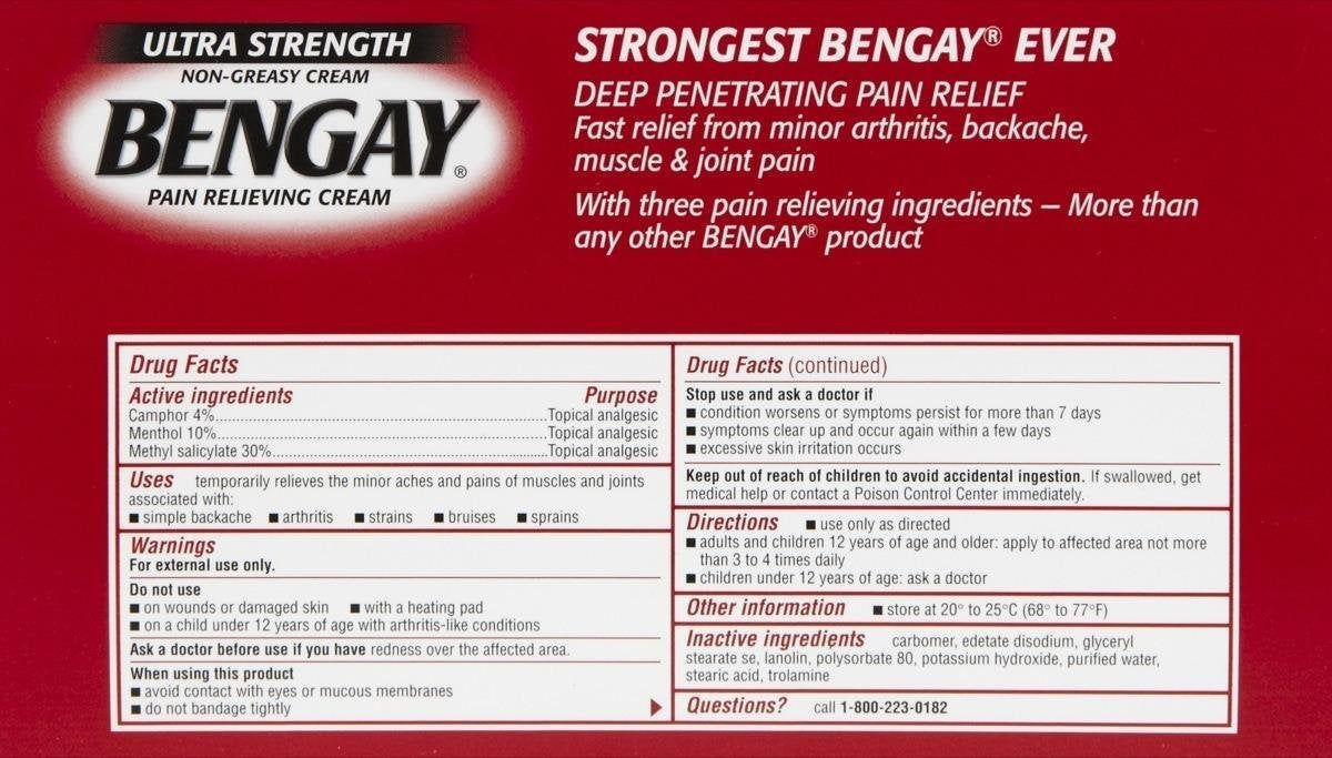 Back of red Bengay Ultra Strength pain relief cream box displaying drug facts warnings directions and branding