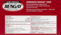 Back of red Bengay Ultra Strength pain relief cream box displaying drug facts warnings directions and branding