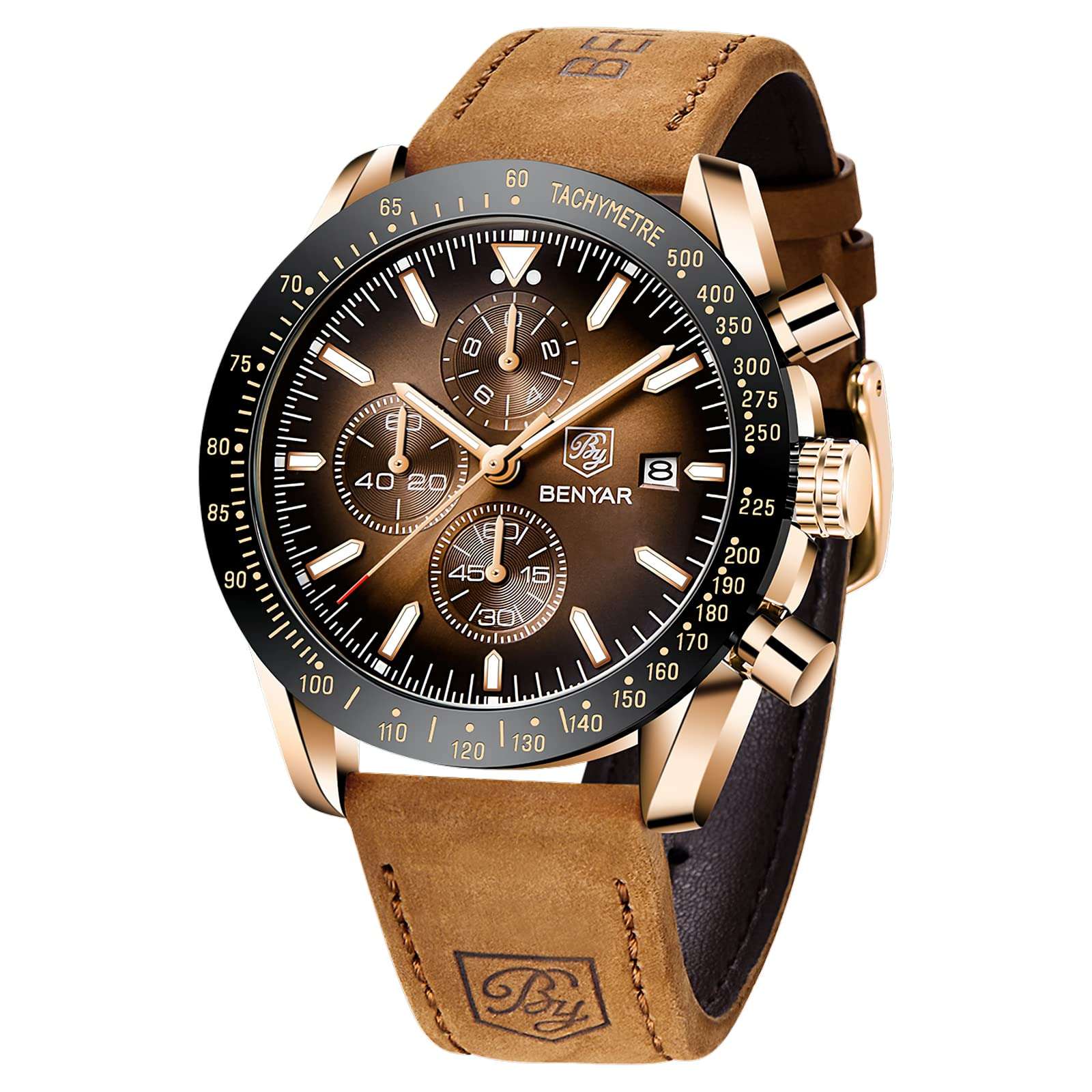 Business casual analog watch for men with brown leather strap and gold-tone case by BY BENYAR