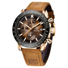Business casual analog watch for men with brown leather strap and gold-tone case by BY BENYAR
