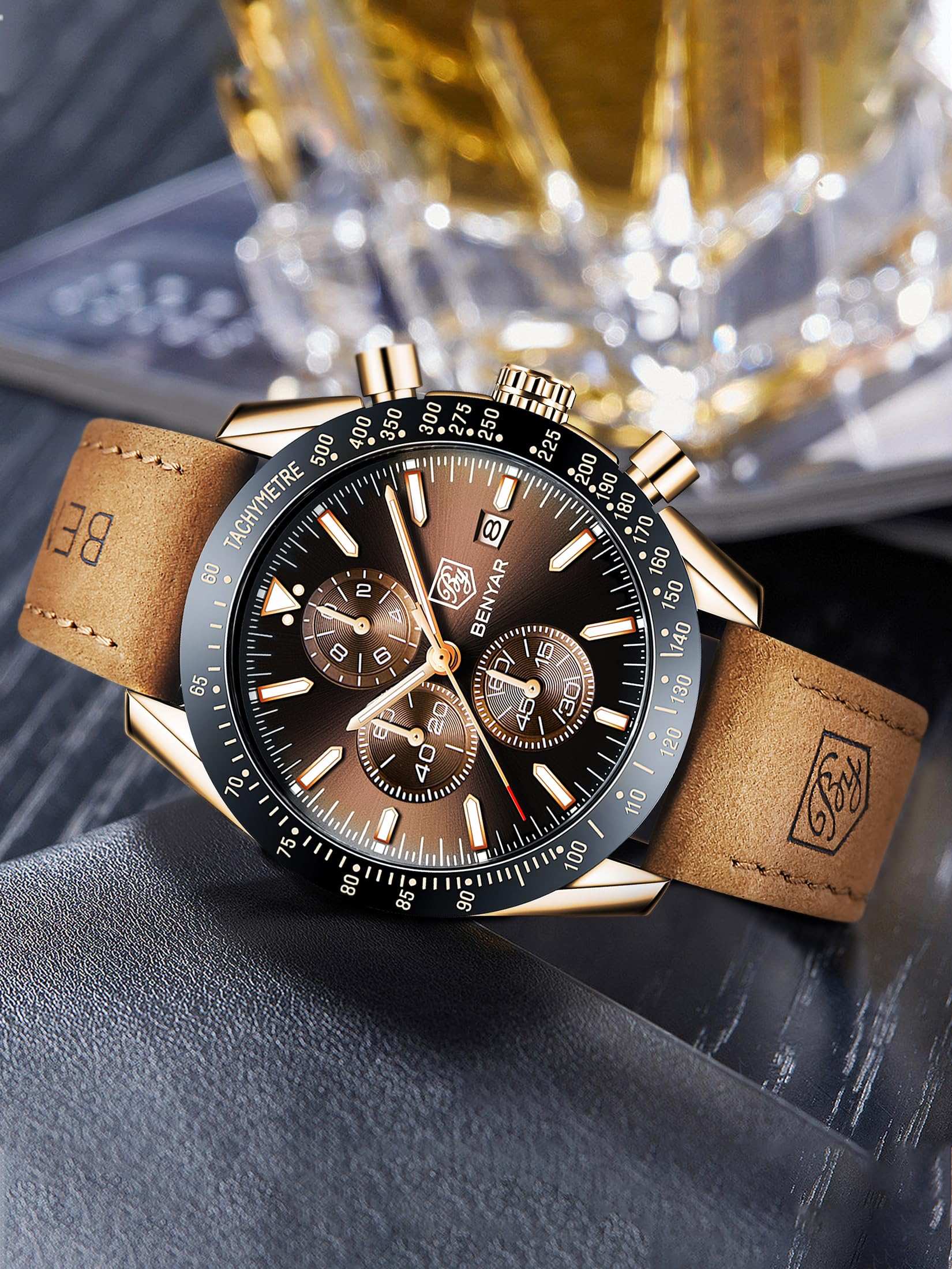 Business casual analog watch for men with brown leather strap and black detailed dial