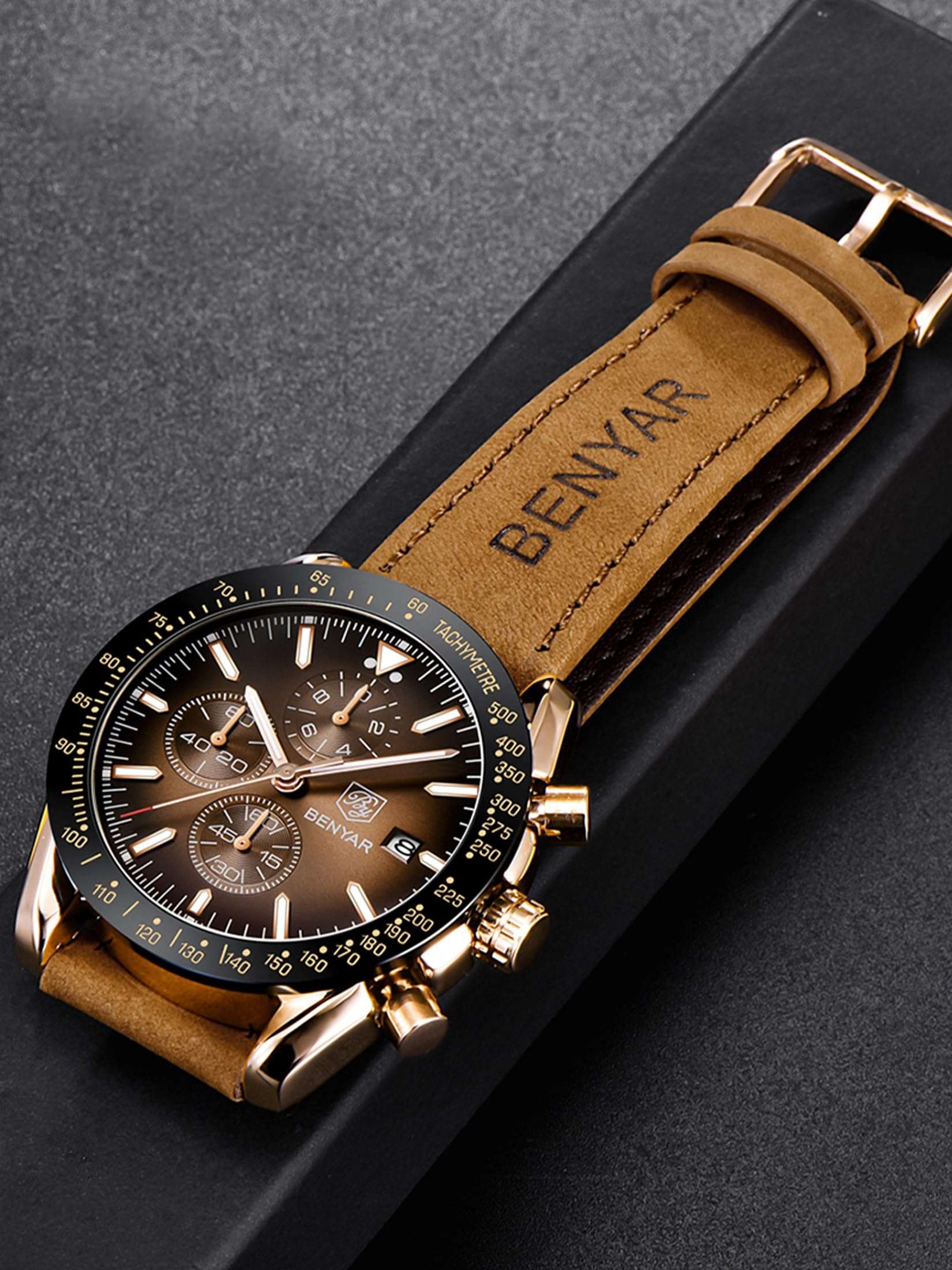Business casual analog watch for men with brown leather strap and black dial by BENYAR