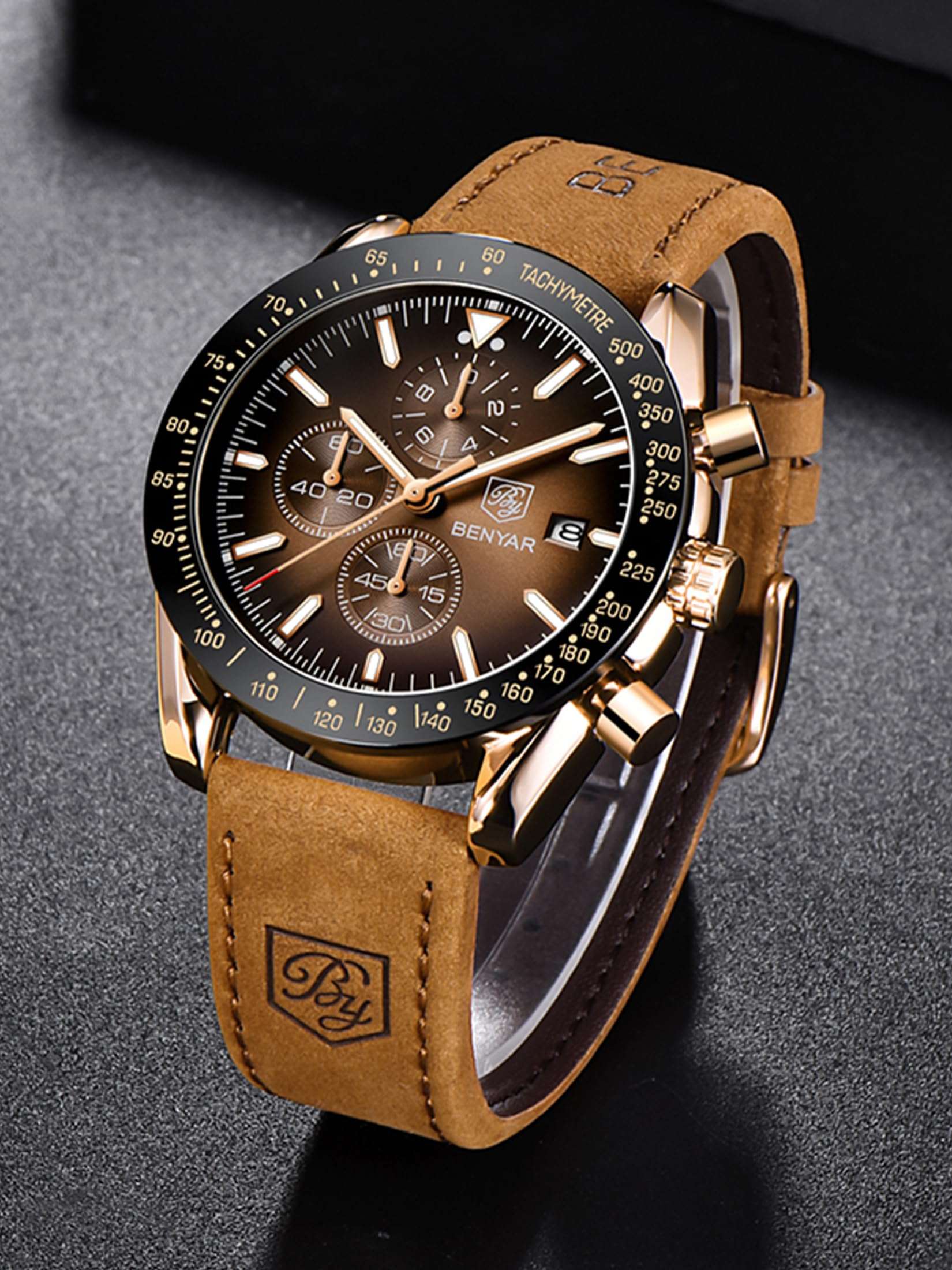 Business casual analog watch for men with brown leather strap and black tachymeter dial