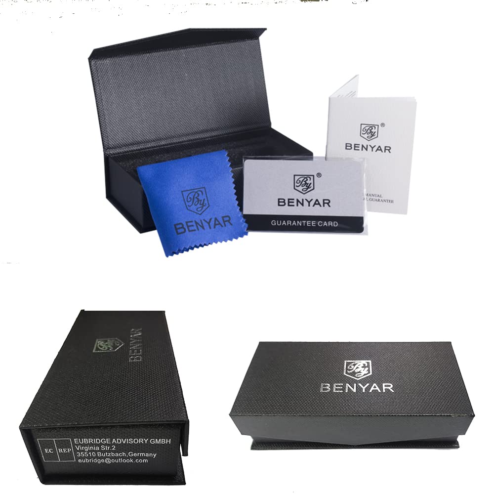 Black textured gift box with BENYAR business casual analog watch for men guarantee card and cleaning cloth