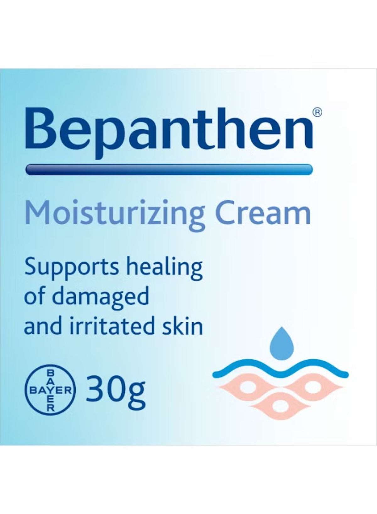 Bepanthen skin moisturizing cream packaging, supports healing for damaged and irritated skin