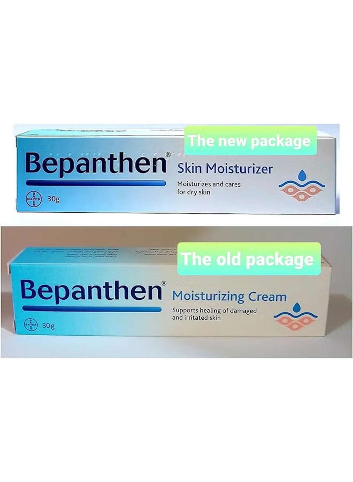 Bepanthen skin moisturizing cream boxes showing new and old package design for skincare solutions