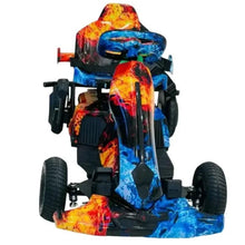 Children's electric go-kart with flame-style decals, blue accents, and black seat