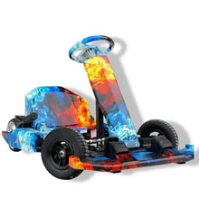 Children's electric go-kart with blue flame decals, black frame, and four wheels