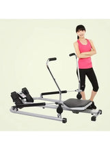 Rowing machine with padded seat, handles, and foot platforms; woman demonstrating