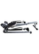 Compact home fitness rowing machine with black seat and silver frame