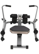 Upright rowing machine front with central display, black pads, and beige seat
