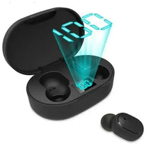 Gaming true wireless earbuds with LED display, black case and glowing turquoise earbuds