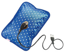 Blue polka-dot electric heating bag with power cord and round control module
