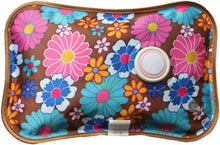 Colorful flower-print electric heating bag pouch with round control on brown fabric