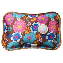 Brown electric heating bag with colorful flower pattern and circular control on front