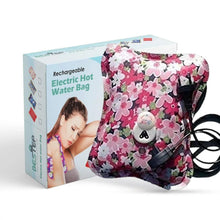 Electric hot water heating bag with floral cover and black power cord, in gift box