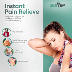 BESTEP electric heating bag for pain relief shown on woman applying to neck with icons for back and joints