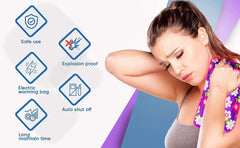 BESTEP electric heating bag for pain relief floral pad on woman holding it to her shoulder with icons showing safety features
