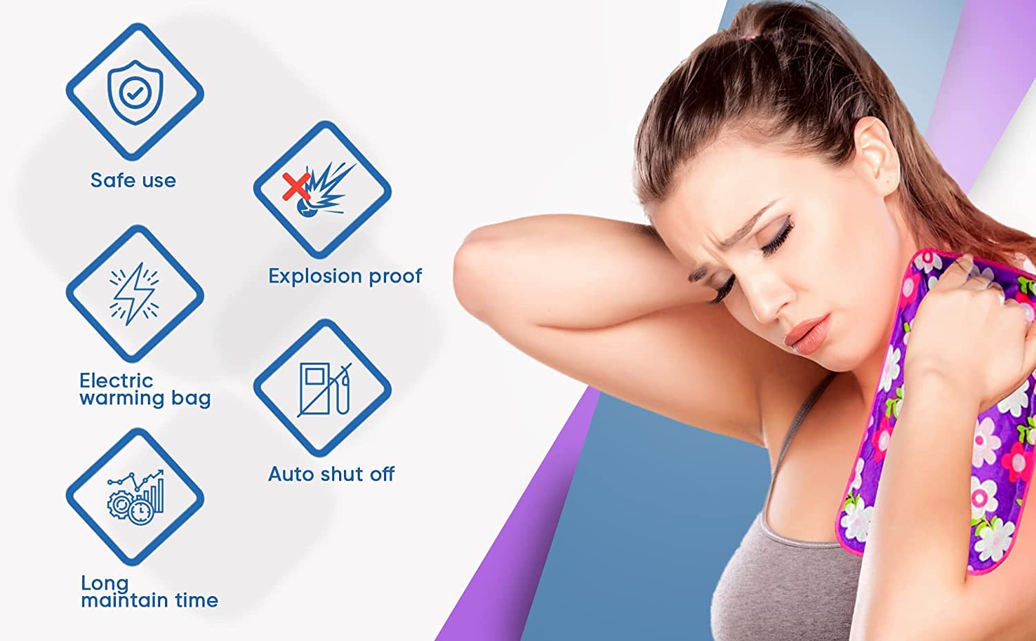 BESTEP electric heating bag for pain relief floral pad on woman holding it to her shoulder with icons showing safety features