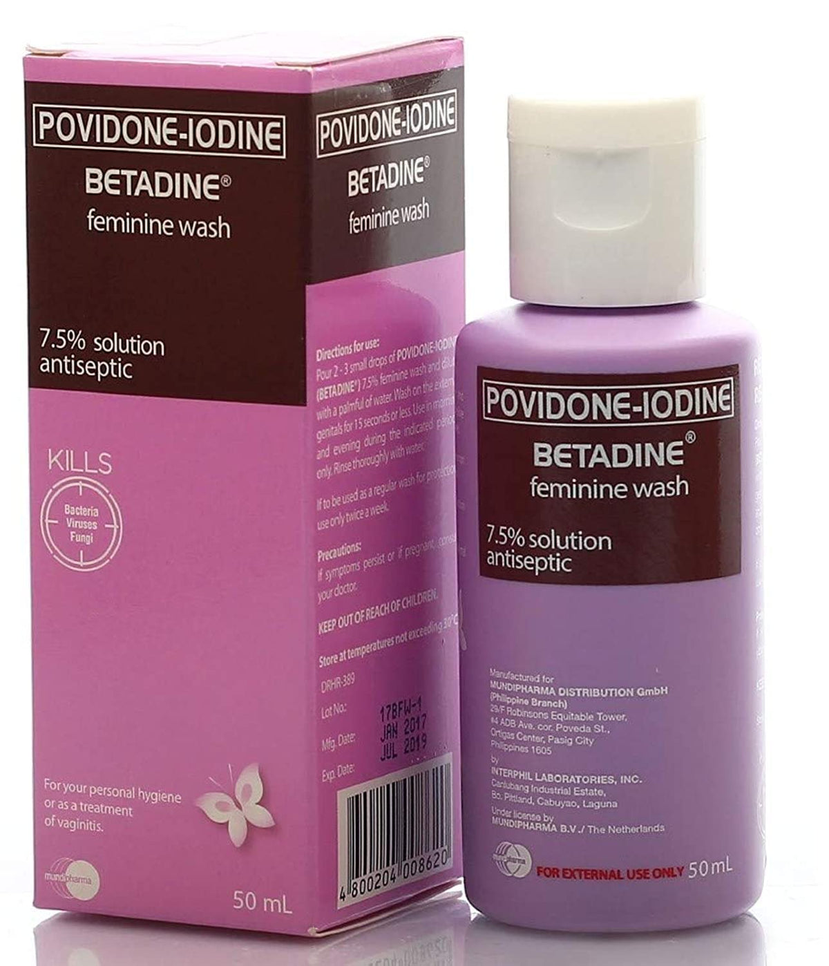 Betadine feminine wash 50ml pink bottle and box povidone iodine 7.5 percent antiseptic for external use
