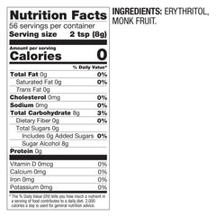Nutrition facts label for BetterBody Foods monk fruit blend 0 calories serving size 2 tsp 8g ingredients erythritol