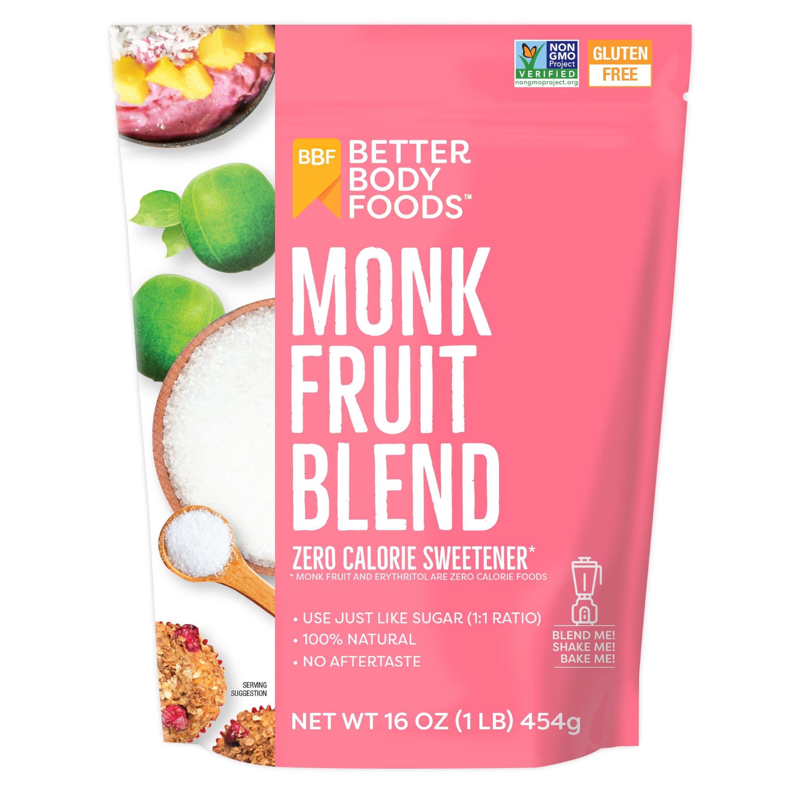 Pink pouch of BetterBody Foods monk fruit blend zero calorie sweetener 16 oz front packaging