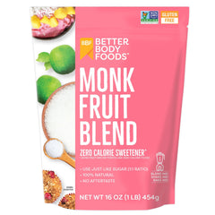 Pink pouch of BetterBody Foods monk fruit blend zero calorie sweetener 16 oz front packaging