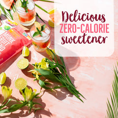 Bright pink packet of BetterBody Foods monk fruit blend beside lime cocktails and fresh limes on pink surface